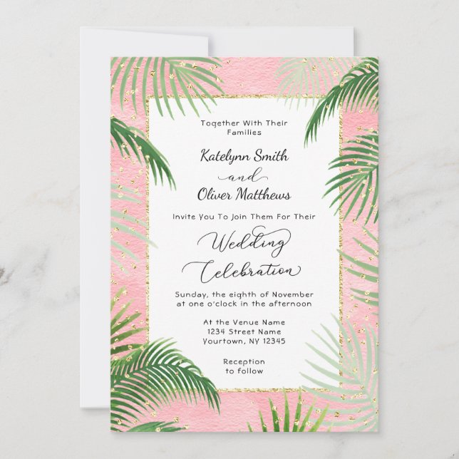 Coral Palms Tropical Botanical Gold Foil Wedding Invitation (Front)