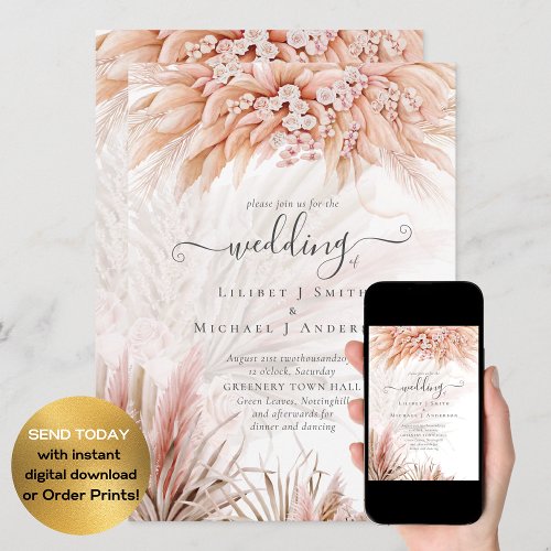 Coral Pampas Grass BOHO Wedding Invitation