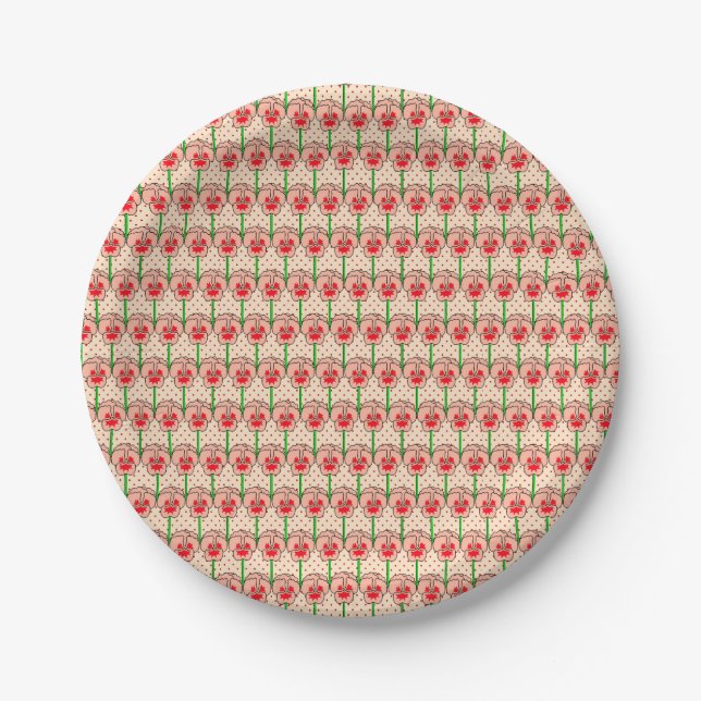 Coral pansies - retro wallpaper pattern paper plates (Front)
