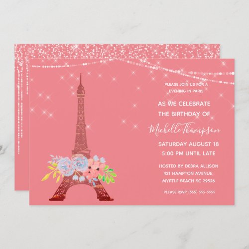 Coral Paris Eiffel Tower Glitter Floral Birthday  Invitation