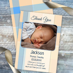 Coral Pastel Plaid Baby Photo Thank You Card