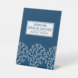Coral Pattern - Beach House Vacation Rental Blue Pedestal Sign