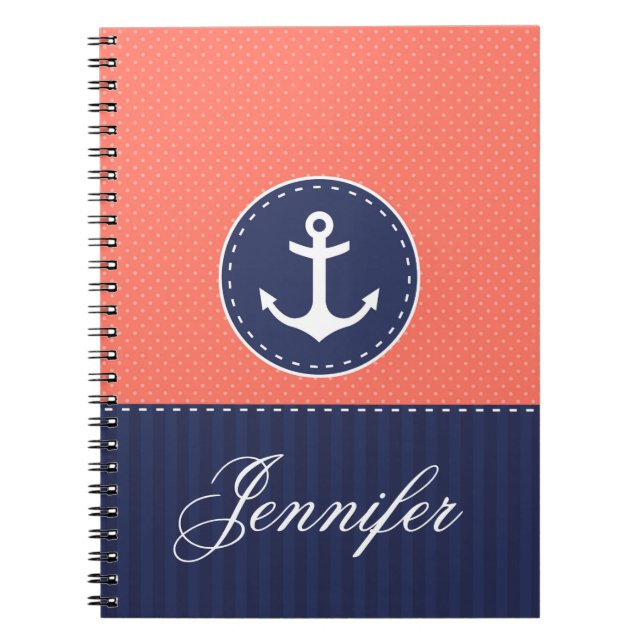 Coral Pattern Blue Anchor Personalized Name Notebook (Front)