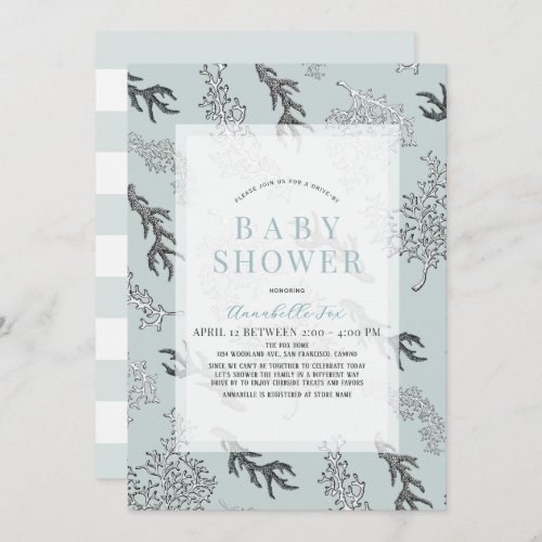 Coral Pattern Light Blue Boy Drive_by Baby Shower Invitation