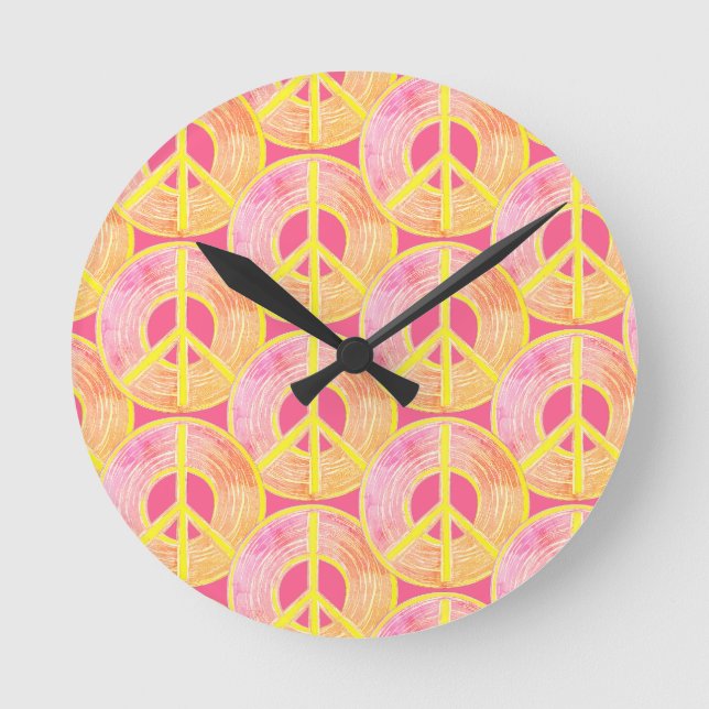 Coral Peace Sign Wall Clock, 8" Round Acrylic Round Clock (Front)