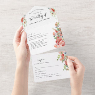 Coral Peach and Cream Floral Wedding Tear Off RSVP All In One Invitation