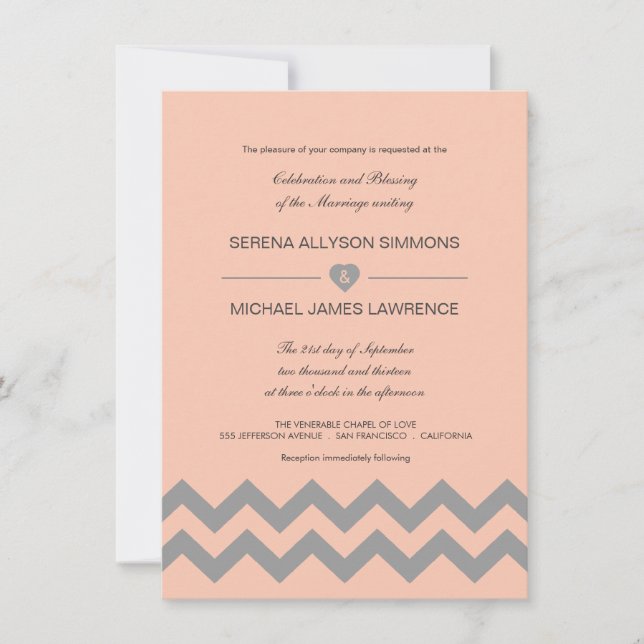 Coral Peach and Gray Chevron Wedding Invitations (Front)