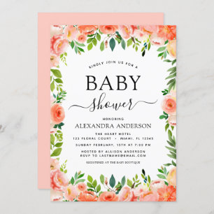 Coral Peach Baby Shower Floral Greenery Invitation