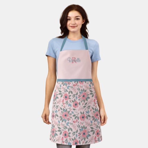 Coral peach blossom blue berries peach pattern apron