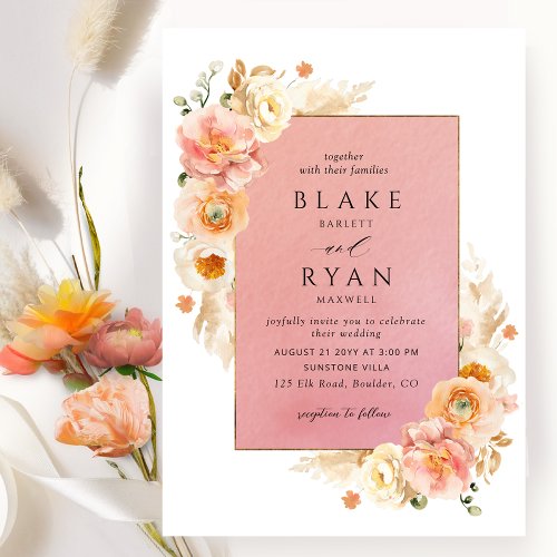 Coral Peach Blush and Cream Floral Chic Wedding Invitation