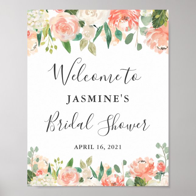 Coral Peach Blush Floral Bridal Shower Sign (Front)
