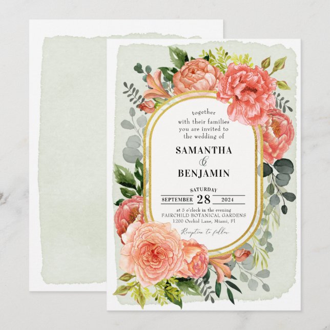 Coral Peach Blush Floral Modern Gold Wedding   Invitation (Front/Back)