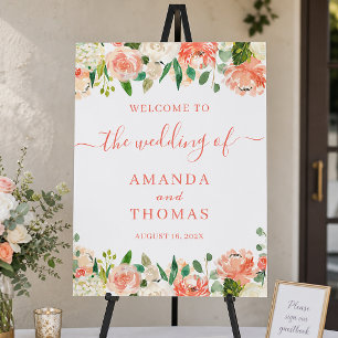 Coral Peach Blush Floral Wedding Welcome Sign