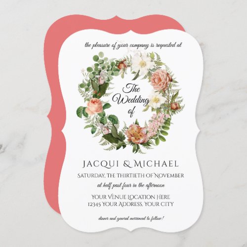 Coral Peach Blush Ivory Rose w Fern Wreath Wedding Invitation