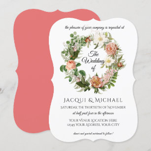 Coral Peach Blush Ivory Rose w Fern Wreath Wedding Invitation