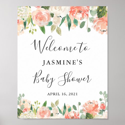Coral Peach Blush Peonies Floral Baby Shower Sign