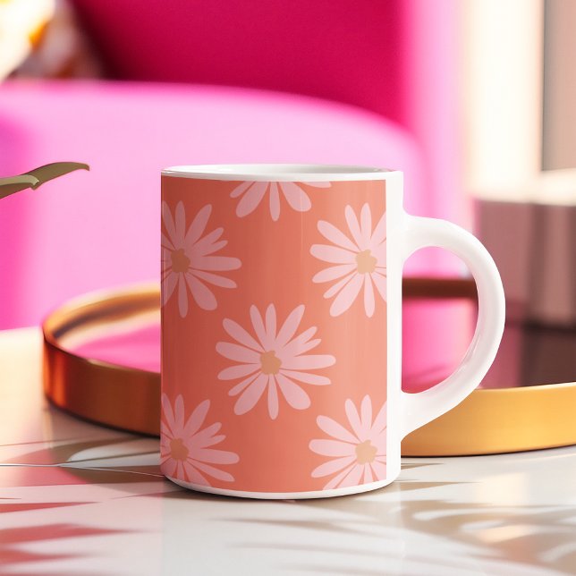 Coral Peach BOHO Daisy Pattern Floral Two-Tone Coffee Mug (Creator Uploaded)