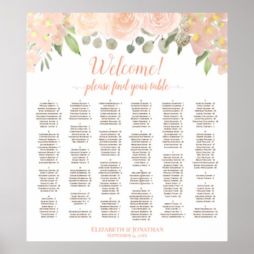 Coral Peach Boho Floral Alphabetical Seating Chart