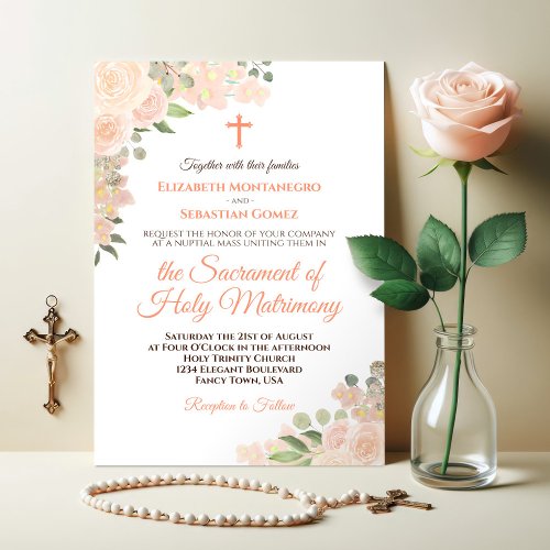 Coral Peach Boho Floral Modern Catholic Wedding Invitation