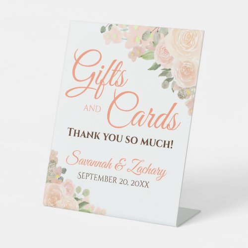 Coral Peach Boho Floral Wedding Gifts  Cards Pedestal Sign