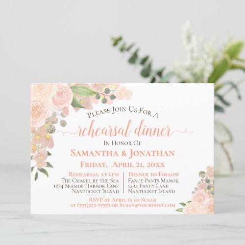 Coral Peach Boho Floral Wedding Rehearsal Dinner Invitation