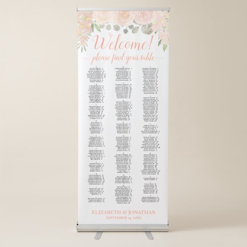 Coral Peach Boho Roses Alphabetical Seating Chart Retractable Banner