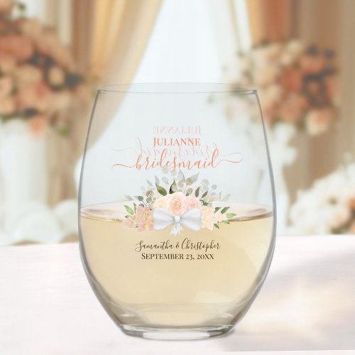 Coral Peach Bouquet Bridesmaid Maid of Honor Gift Stemless Wine Glass