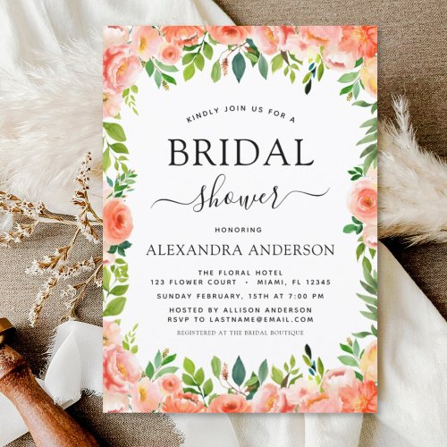 Coral Peach Bridal Shower Floral Greenery Invitation