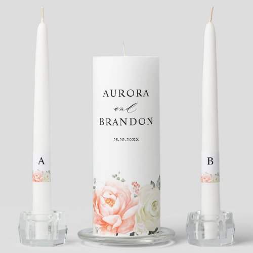Coral Peach Champagne Ivory Floral Wedding Unity Candle Set
