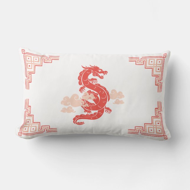 Coral Peach Chinoiserie Dragon and Clouds Lumbar Pillow (Front)