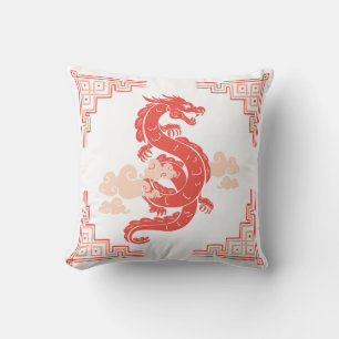 Coral Peach Chinoiserie Dragon and Clouds Throw Pillow