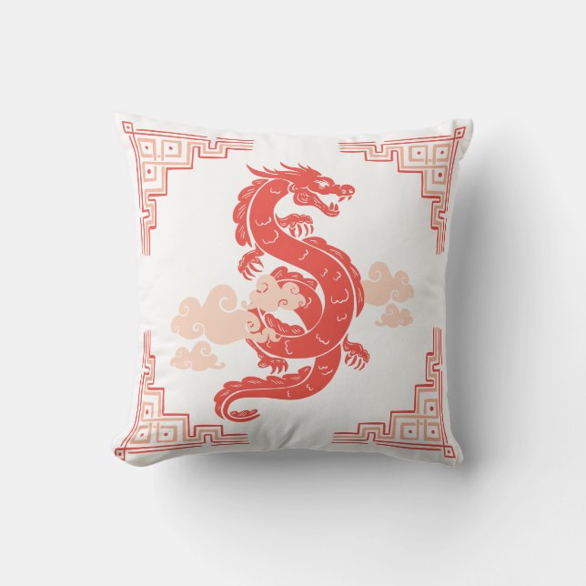 Coral Peach Chinoiserie Dragon and Clouds Throw Pillow (Front)