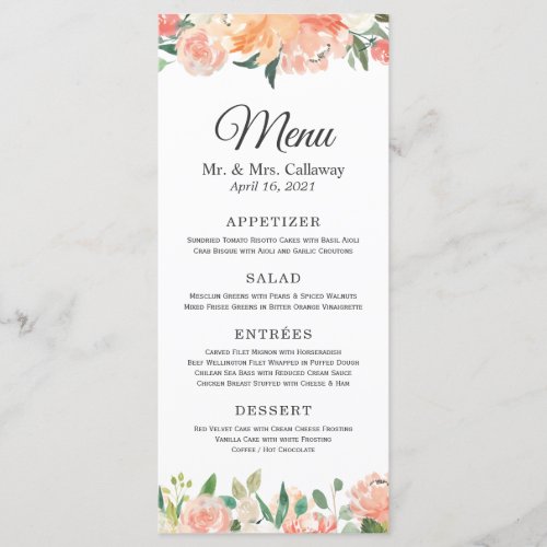 Coral Peach Classy Peonies Floral Wedding Menu