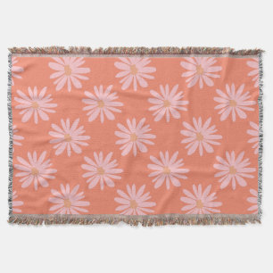 Coral Peach Color BOHO Chic Daisy Pattern Floral Throw Blanket