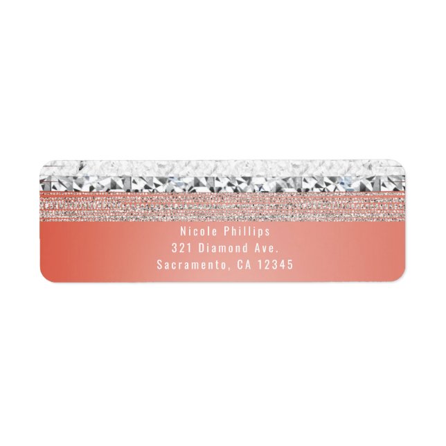 Coral Peach Dipped Silver Bling Party Invitation Label (Front)