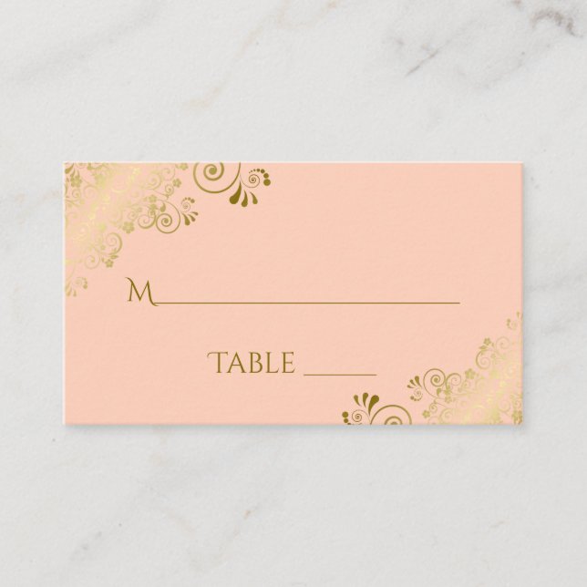 Coral Peach Elegant Gold Lace Wedding Escort Card (Front)