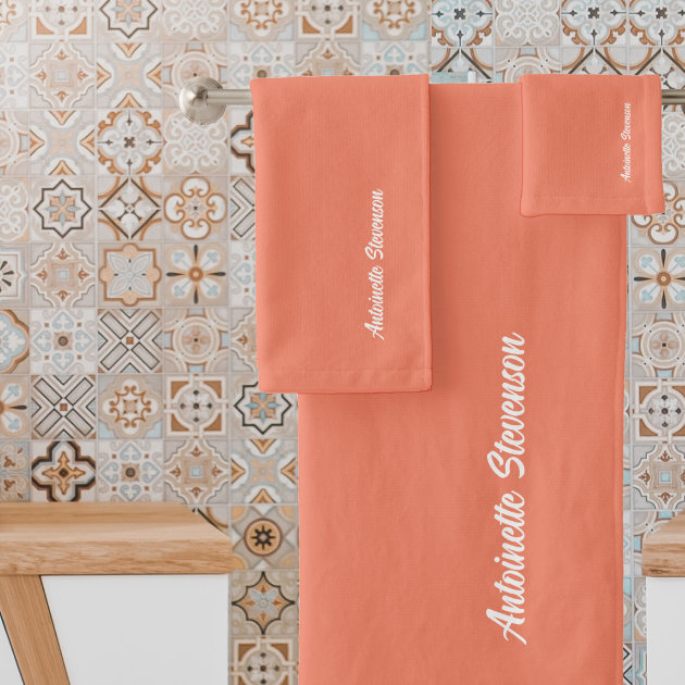 Coral Peach Elegant Signature Monogram Bath Towel Set