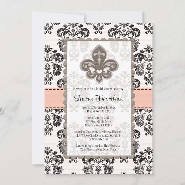Coral Peach Fleur de Lis Bridal Shower Invitations (Front)