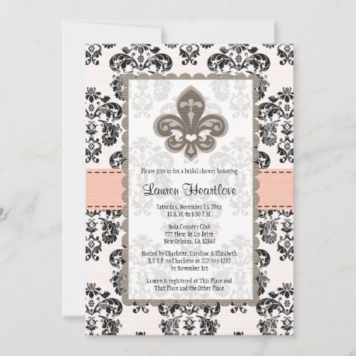 Coral Peach Fleur de Lis Bridal Shower Invitations