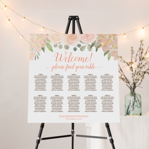 Coral Peach Floral 10 Table Welcome Seating Chart Foam Board