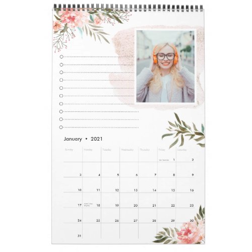 Coral Peach Floral  12 Photo Calendar with Notes