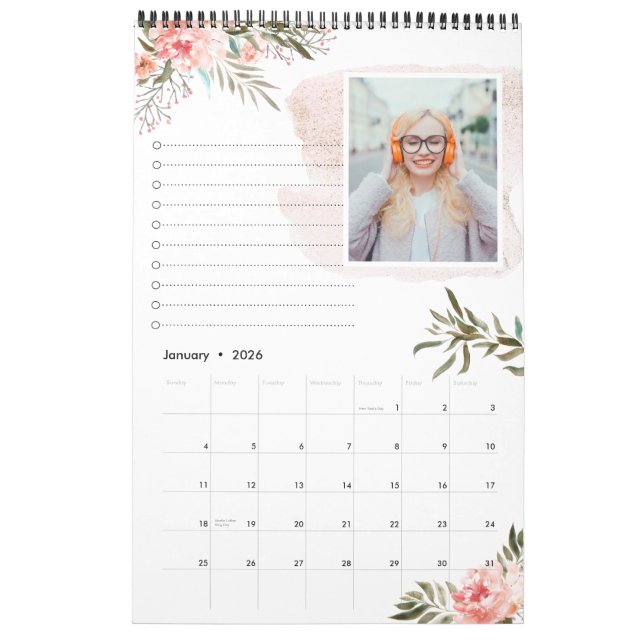 Coral Peach Floral | 12 Photo Calendar with Notes (Jan 2026)