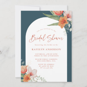 Coral Peach Floral Arch Teal Blue Bridal Shower Invitation