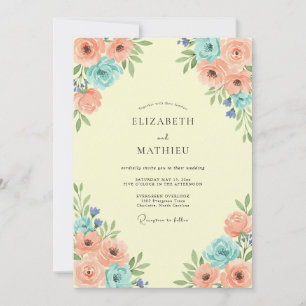 Coral Peach Floral Bloom Wedding Invitation