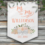 Coral Peach Floral Boho Chic Mr. & Mrs. Wedding Pennant<br><div class="desc">This pennant flag is beautiful, stylish, and fun. Designed to celebrate the newlyweds, it features an elegant boho chic design with a cluster of hand painted watercolor roses, blossoms, and garden foliage in shades of coral, peach, and light orange. The elegant script text reads: Mr. and Mrs. with the couple's...</div>