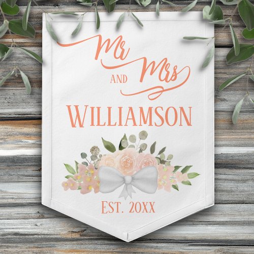 Coral Peach Floral Boho Chic Mr  Mrs Wedding Pennant