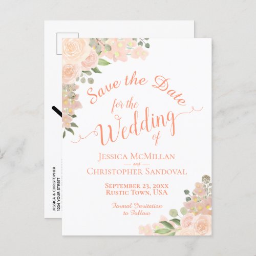 Coral Peach Floral Boho Wedding Save the Date Announcement Postcard