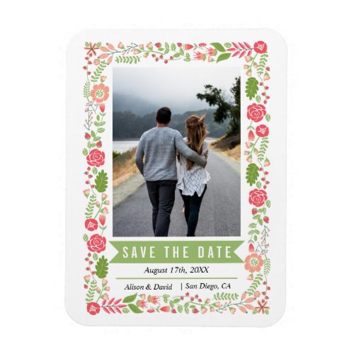 Coral peach floral border green Save the Date Magnet