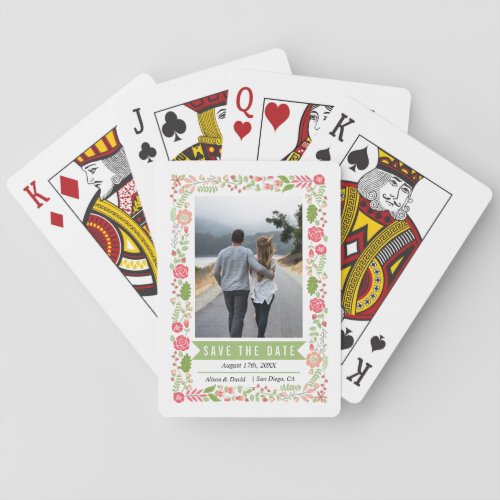 Coral peach floral border green Save the Date Playing Cards