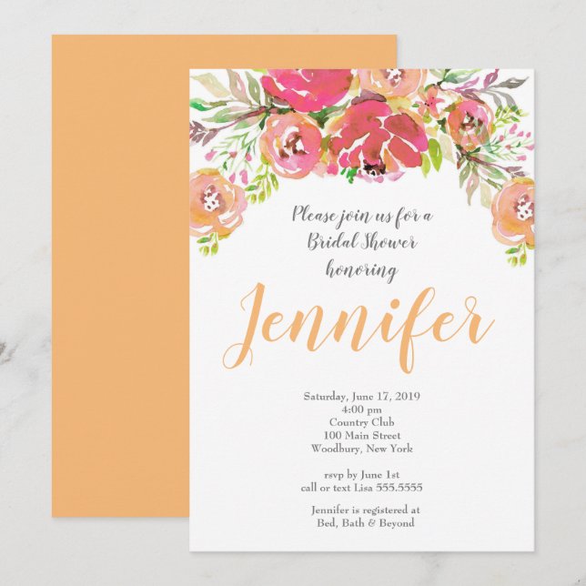 Coral & Peach floral Bridal Shower Invitation (Front/Back)